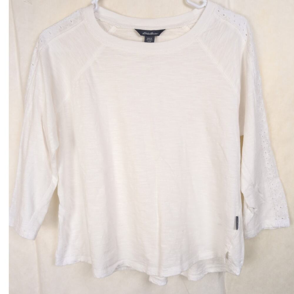 Eddie Bauer white eyelet lace raglan sleeve burn out cotton top Size Sm Boho